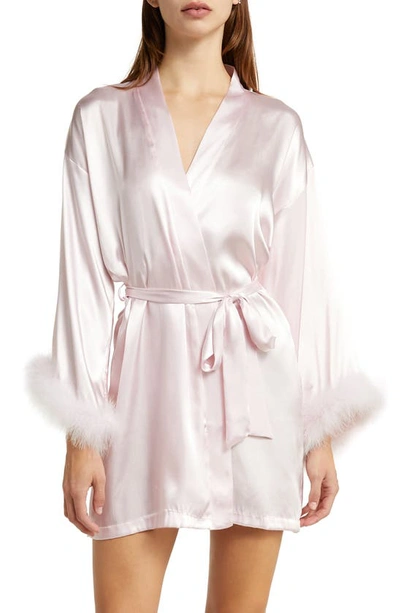 In Bloom By Jonquil Feather Trim Satin Robe In Powder Puff Pink