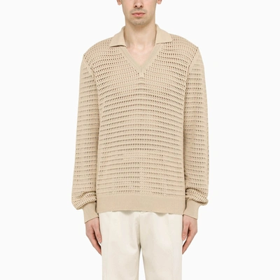 Roberto Collina Sand Cotton Perforated Polo Shirt In Beige