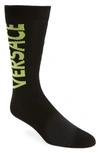Versace Logo Crew Socks In 2bf00 Black+lime Gre
