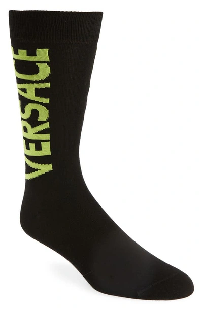 Versace Logo Crew Socks In 2bf00 Black+lime Gre