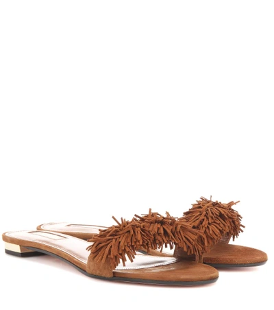 Aquazzura Wild Thing Suede Flat Slide Sandals, Brown In Cognac