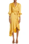 Zimmermann Asymmetric Silk Satin Wrap Dress In Marigold