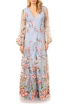 DRESS THE POPULATION LYRA FLORAL EMBROIDERY LONG SLEEVE TULLE GOWN