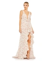 Mac Duggal Floral Print Sleeveless Plunge Neck Ruffle High Low Gown In Pink Multi