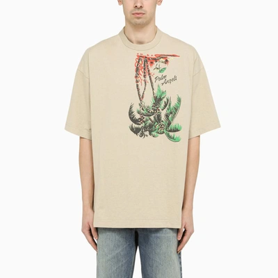 Palm Angels Burning Palm Tree Crew-neck T-shirt In Beige