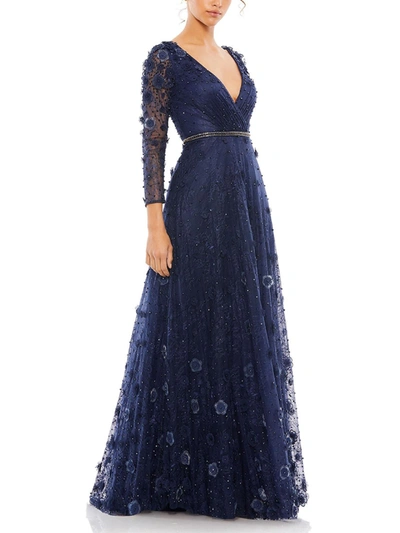 Mac Duggal Womens Floral Lace Evening Dress In Blue