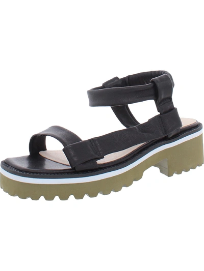 All Black Womens Leather Lugged Sole T-strap Sandals In Black