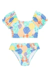 PEEK AREN'T YOU CURIOUS KIDS' PATCHWORK PRINT PUFF SLEEVE TWO-PIECE SWIMSUIT