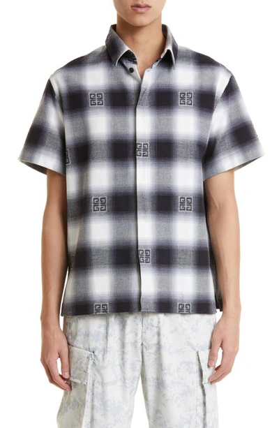 Givenchy Boxy Fit 4g Check Print Short Sleeve Flannel Button-up Shirt In Black White