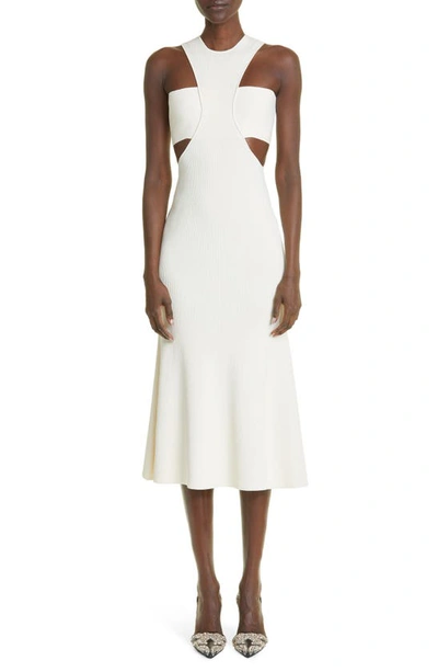 Alexander Mcqueen Off-white Slashed Harness Midi Dress In Optical White
