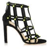 JIMMY CHOO TINA 100 BLACK SUEDE SANDALS WITH SHOCKING YELLOW NEON STUDS,TINA100WNT S