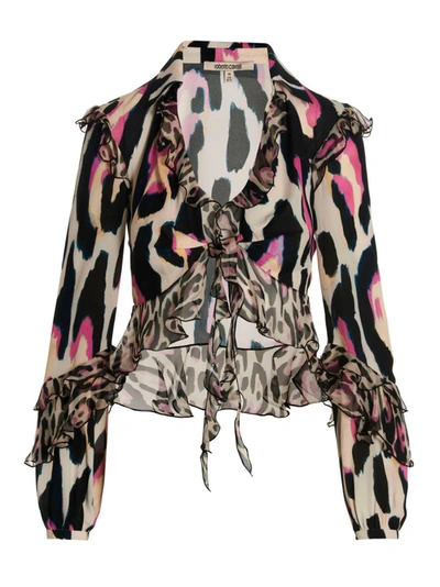 Roberto Cavalli Printed Frilled Blouse In Multicolor