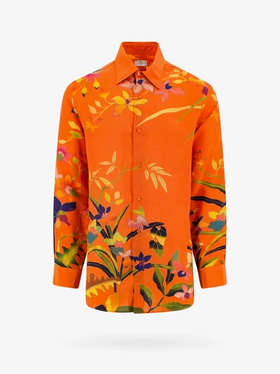 Etro Flower Print Silk Loose Shirt In Orange