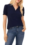 Cece Puff Sleeve Point Collar Knit Top In Navy Blue Jay