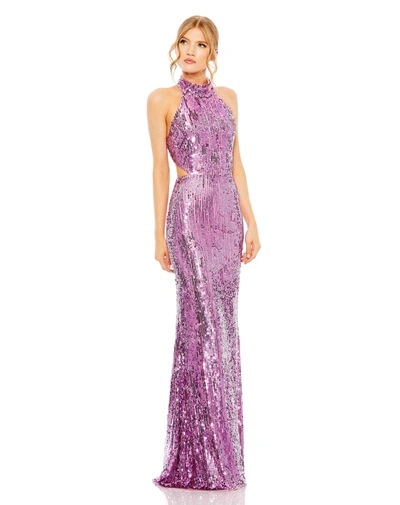 Mac Duggal Open Back High Neck Sequin Gown In Orchid