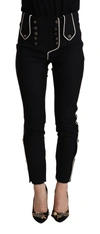 Dolce & Gabbana Black Mid Waist Button Embellished Slim Fit Pants In Black