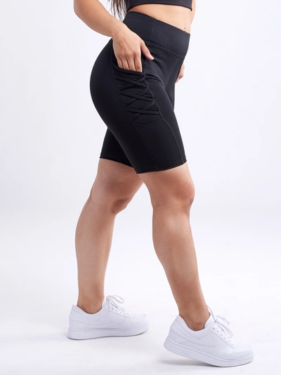 Jupiter Gear High-waisted Mid-thigh Workout Shorts With Pockets & Criss Cross Design In Black