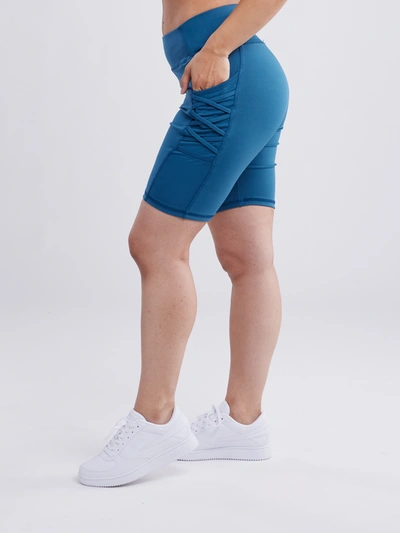 Jupiter Gear High-waisted Mid-thigh Workout Shorts With Pockets & Criss Cross Design In Blue