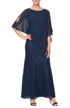 Sl Fashions Chiffon Popover Sequin Lace Gown In Navy