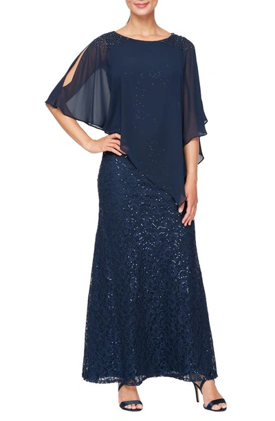 Sl Fashions Chiffon Popover Sequin Lace Gown In Navy