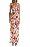 PUPPETS AND PUPPETS ROSE PRINT HALTER NECK MAXI SLIPDRESS