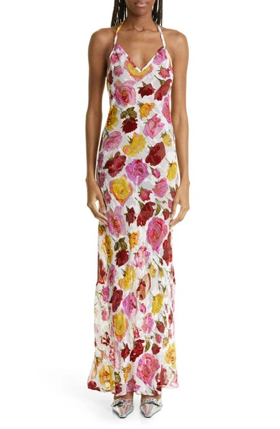 Puppets And Puppets Rose Print Halter Neck Maxi Slipdress In Ivory Rose Burnout