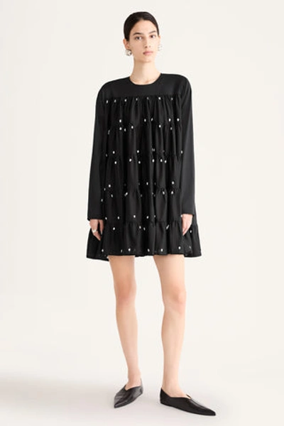 Merlette Soliman Tiered Embroidered Mini Dress In Black W/ White Embroidery