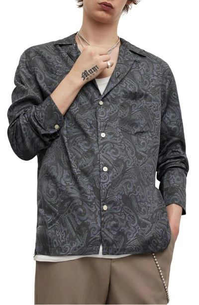 Allsaints Nidaros Paisley Print Relaxed Fit Button Down Camp Shirt In Black
