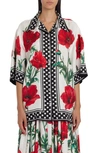 Dolce & Gabbana Poppy Print Silk Twill Button-up Shirt In Natural White