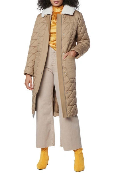 Andrew Marc Maxine Quilted Coat With Faux Shearling Collar In Khaki