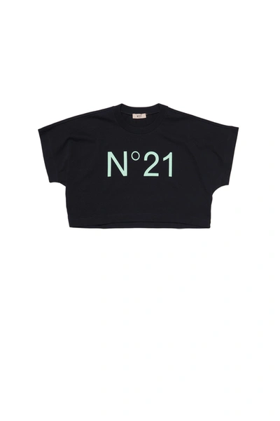 N°21 Kids' Logo印花平纹针织短款t恤 In Black