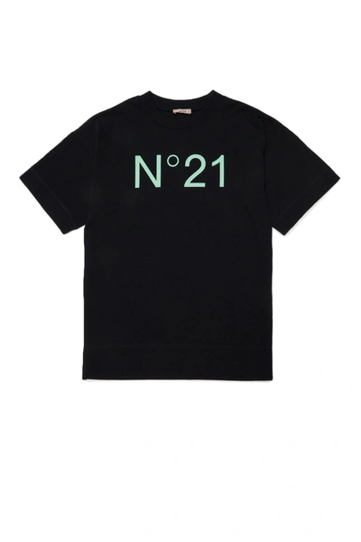 N°21 Kids' Black Jersey Maxi T-shirt Cover-up With Logo