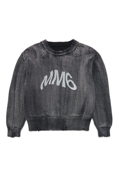Mm6 Maison Margiela Kids' Mm6k13u Knitwear Maison Margiela Black Vintage-effect Cotton Long-sleeved Sweater