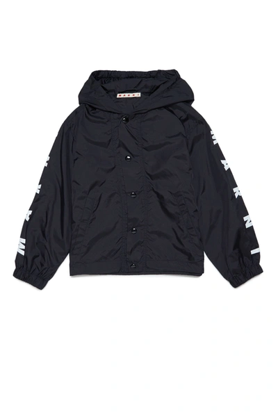 Marni Kids' Mj13u Jacket  Black Waterproof Hooded Jacket With Button Fastening And Logo On The Sleeves