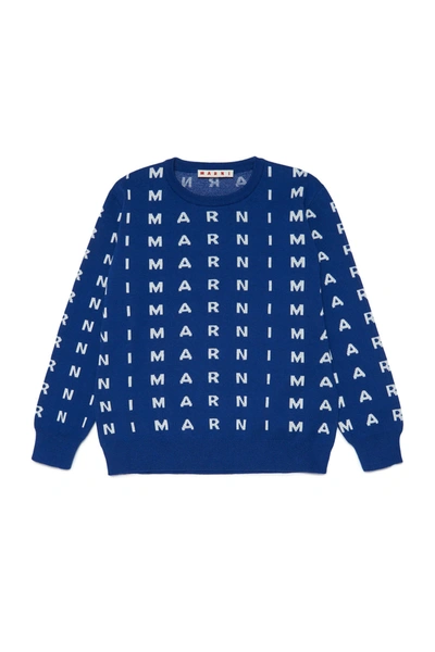 Marni Kids' Mk18u Knitwear  Blue Cotton Crew-neck Jumper With Inlaid Allover Logo