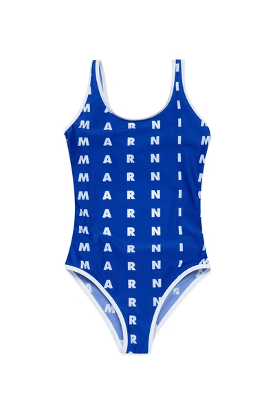 Marni Kids' Mm10f Swimsuit  Blue One-piece Swimming Costume In Lycra With Allover Logo