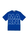 MARNI BLUE T-SHIRT IN JERSEY WITH DISPLACED MARNI LOGO