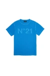 N°21 LIGHT BLUE T-SHIRT IN VINTAGE-EFFECT JERSEY WITH APPLIED LOGO
