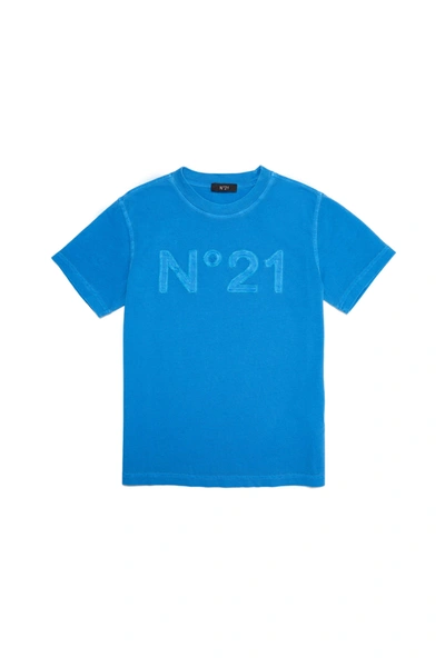 N°21 Kids' Light Blue T-shirt In Vintage-effect Jersey With Applied Logo In Azure