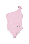 N°21 One-shoulder One-piece Pink Swimming Costume In Lycra With Logo In Pink