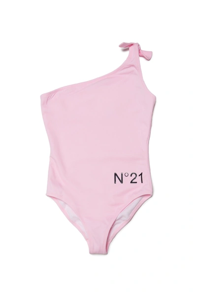 N°21 Kids' One-shoulder One-piece Pink Swimming Costume In Lycra With Logo