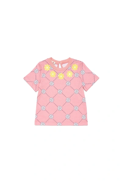 Marni Mt57b T-shirt  Peach Pink Cotton T-shirt With Daisy Pattern