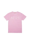 N°21 PINK T-SHIRT IN VINTAGE-EFFECT JERSEY WITH APPLIED LOGO
