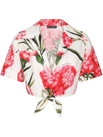 Dolce & Gabbana Carnation-print Poplin Shirt With Knot Detail In White,multicolor
