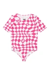 MM6 MAISON MARGIELA WHITE AND PINK SHORT-SLEEVED BODYSUIT IN JERSEY WITH CHEQUERED PATTERN