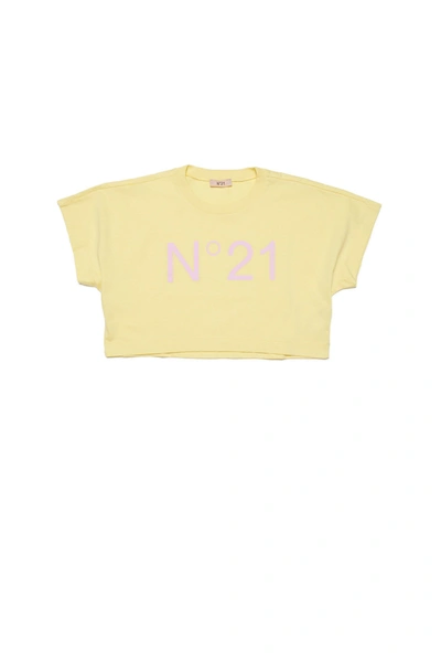 N°21 Kids' Cropped Logo T-shirt In Yellow