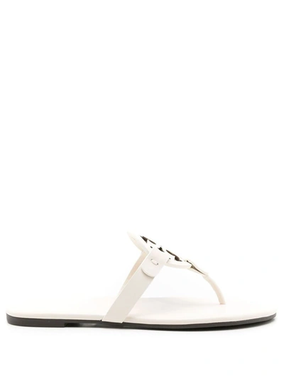 Tory Burch Miller Soft Logo Plaque Flat Sandals In White