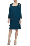 Sl Fashions Slny Sequin Chiffon Jacket Dress In Mid Teal