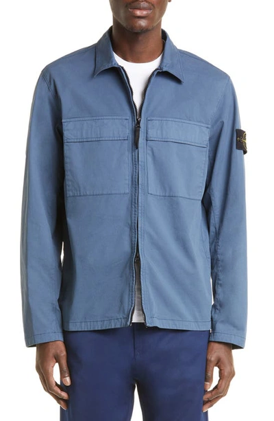 Stone Island Zip Front Stretch Cotton Twill Overshirt In Dark Blue