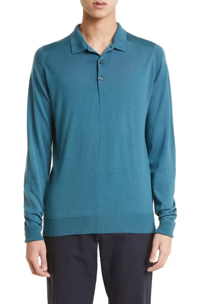 John Smedley Cotswold Wool Polo Sweater In Blue Tide